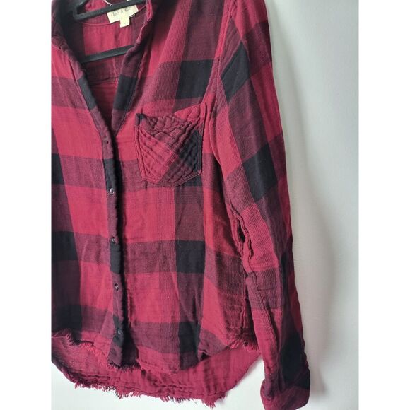 Cloth & Stone Button Front Top Sm Womens Long Sleeve Raw Hem Plaid Red Black - Picture 3 of 7